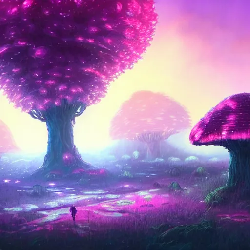 Image similar to concept art painting of a fantasy alien fungal landscape at night, magenta trees, glowing blue mushrooms, houses made of mushrooms, dark purple sky, realistic, detailed, cel shaded, in the style of makoto shinkai and greg rutkowski and albert bierstadt and james gurney