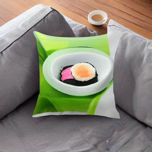 Image similar to a pillow in the shape of sushi, product photography, highly detailed, epic lighting, hyper photorealism, 8 k