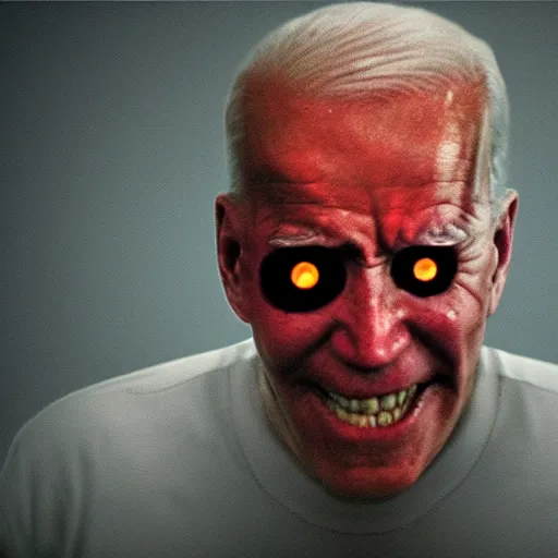 Image similar to hyper realistic terror photo Doom horror furious glowing red eyes biden