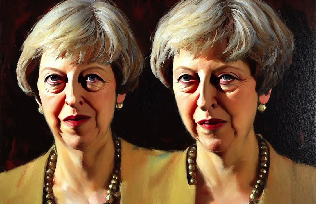 Image similar to portrait of theresa may!!!!!!!!!!!!!!!!!!!!!!!!!!!, detailed face, detailed painting, epic lighting, by ilya repin, phil hale and kent williams