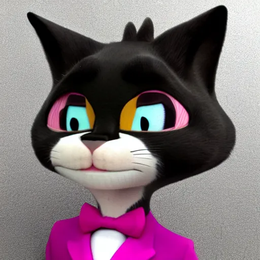 Image similar to 3d render , anthropomorphic cat wearing a pink tux, in the style of Zootopia