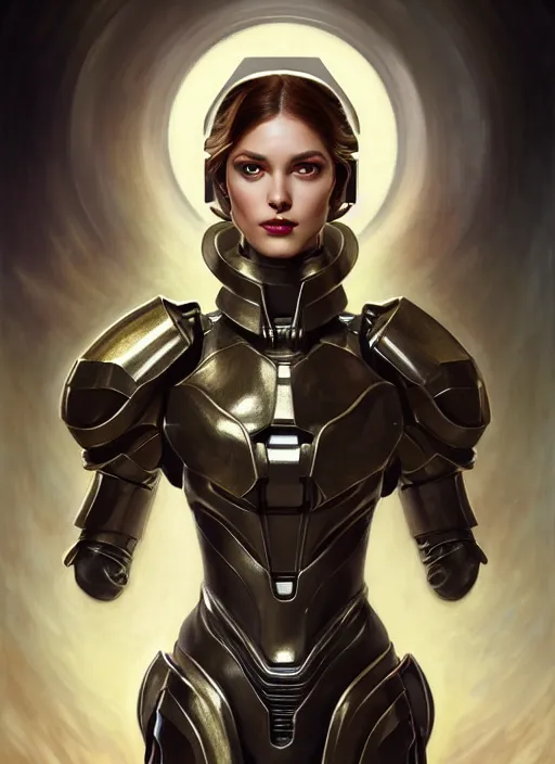 Prompt: glamorous priest portrait, seductive eyes and face, elegant, lascivious pose, very detailed face, studio lighting, photorealism, wearing Forerunner armor from Halo portrait by Magali Villeneuve and Steve Argyle,Livia Prima,Mucha,dress,fantasy art,beautiful,artstation,trending on artstation,intricate details,alluring,masterpiece