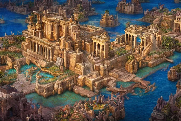 Image similar to the ancient lost city of atlantis and its inhabitants, in the style of andrea pozzo, ultra realistic, atmosphere glow, detailed intricate, colorful, cinematic lighting, unreal engine, god lighting