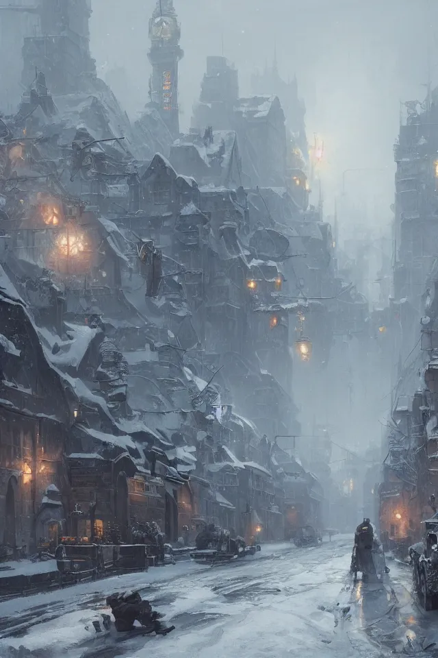 Image similar to highly detailed painting of dieselpunk stockholm, winter, snow, dystopia, by greg rutkowski, 4 k resolution, trending on artstation