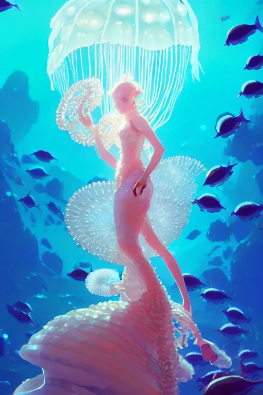 Image similar to a beautiful queen of ocean in the middle of coral reefs, pearl crystal jewelry, complex and shiny dress inspired by jellyfish, by ross tran and atey ghailan, by greg rutkowski, by greg tocchini, by james gilleard, by joe fenton, by kaethe butcher, dynamic lighting, grunge aesthetic