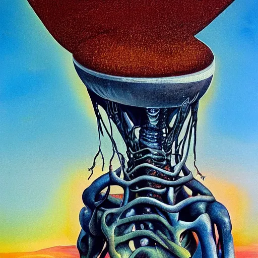 Image similar to painting of an alien spaceship made of flesh and exoskeleton, in the style of salvador dali