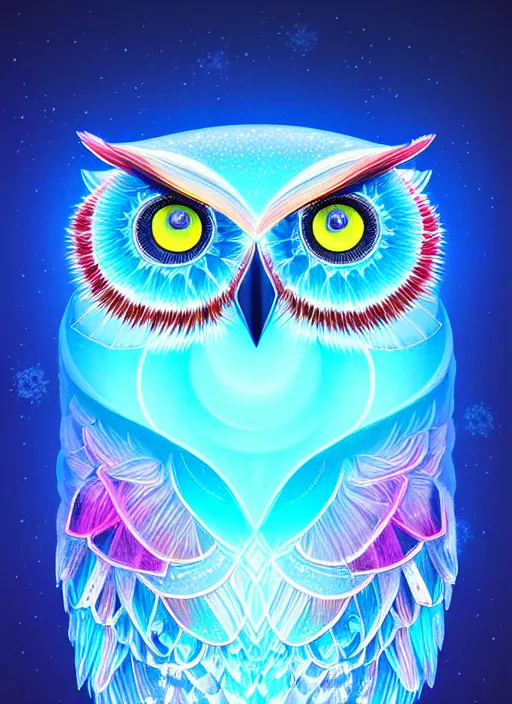 Image similar to symmetry!! product render poster vivid colors divine proportion owl, ice and snow, glowing fog intricate, elegant, highly detailed, digital painting, artstation, concept art, smooth, sharp focus, illustration,