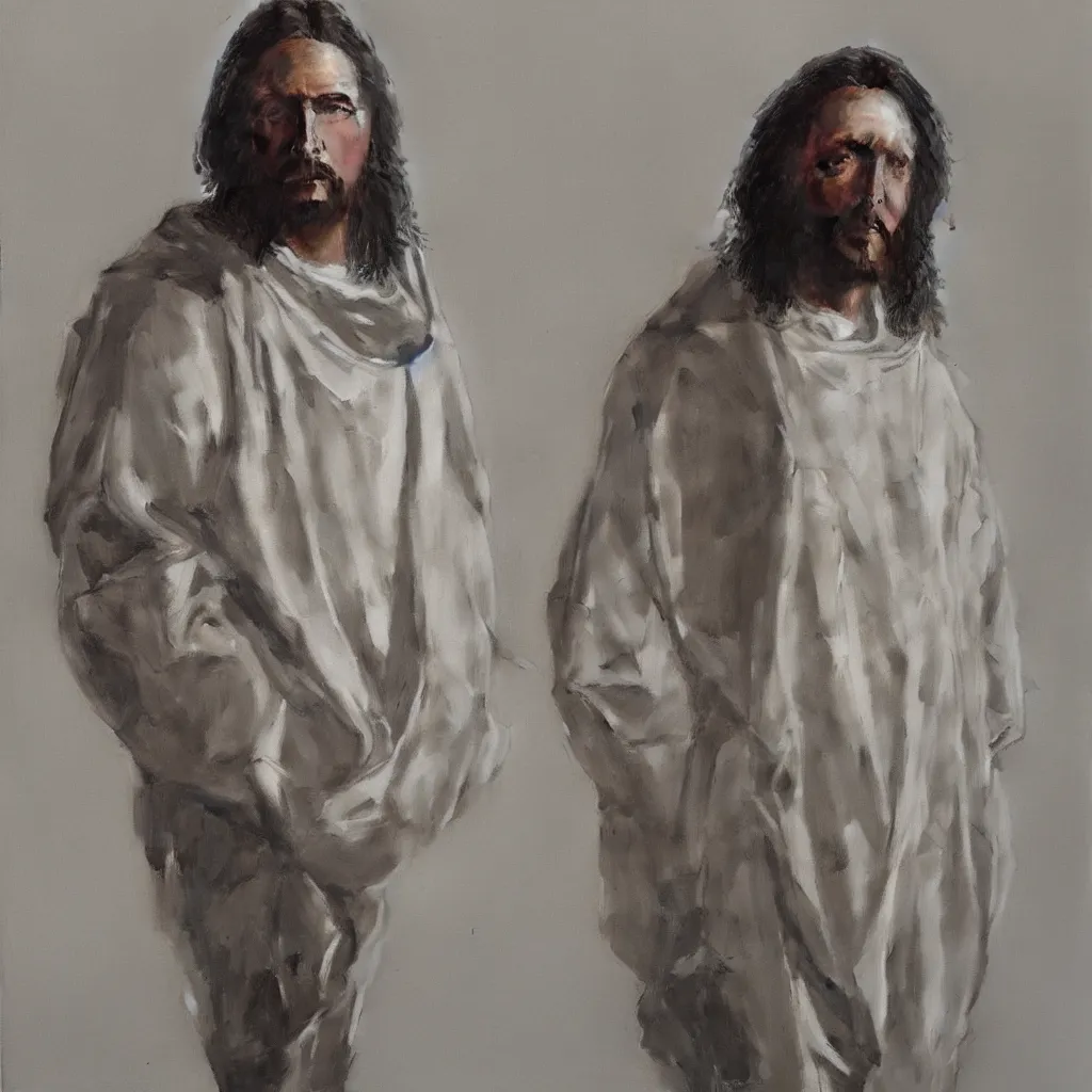 Image similar to a full body lookbook portrait of modern - day jesus wearing cream yeezy menswear collection by nicola samori, hat and hoodie, detailed, oil painting, hyper - realistic, 8 k, yeezy collection