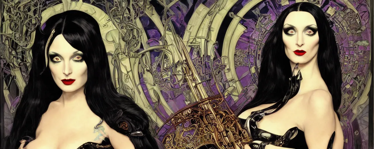 Image similar to beautiful enticing cyberpunk art nouveau style portrait of morticia addams as a gigerpunk rebel soldier by olivia de bernardinis, moebius, chris achilleos and alphonse mucha, photorealism, extremely hyperdetailed, perfect symmetrical facial features, perfect anatomy, ornate declotage, latex, weapon, high technical detail, confident expression, wry smile