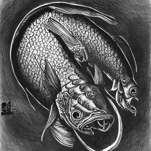 Image similar to a giant 3 eyed carp by kentaro miura