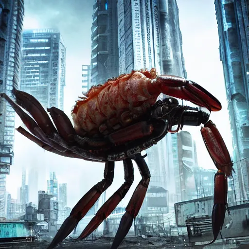 Prompt: a giant shrimp standing in a dystopian city, cyberpunk, dystopian, god, evil, villain, sharp focus, dynamic lights, still, photograph, hyper realistic, masterpiece, digital, octane render, rendered, 3 d, cinematic, cinematic lighting, dramatic lighting, highly detailed, intricate details, texture, cinematic composition, by donglu yu and kevin jick and eddie del rio