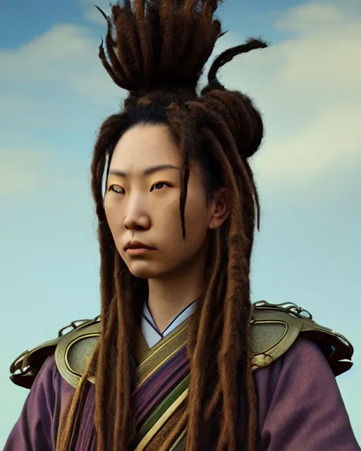 Prompt: front facing portrait of female samurai with dreads, female, prismatic highlights, atmosphere, gorgeous, brown skin, beautiful, depth of field, cinematic, macro, concept art, 50mm, artstation, digital painting, elegant, epic, weta digital, focus, octane render, v-ray, 8k, kodak portra, art by Dorothea Tanning