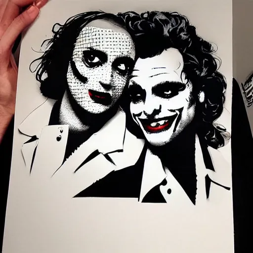 Image similar to mimmo rottela and banksy as joaquin phoenix skinny joker holding hand lady gaga harley queen, photorealistic, intricate details, pop art style, baroque, hyperdetailed