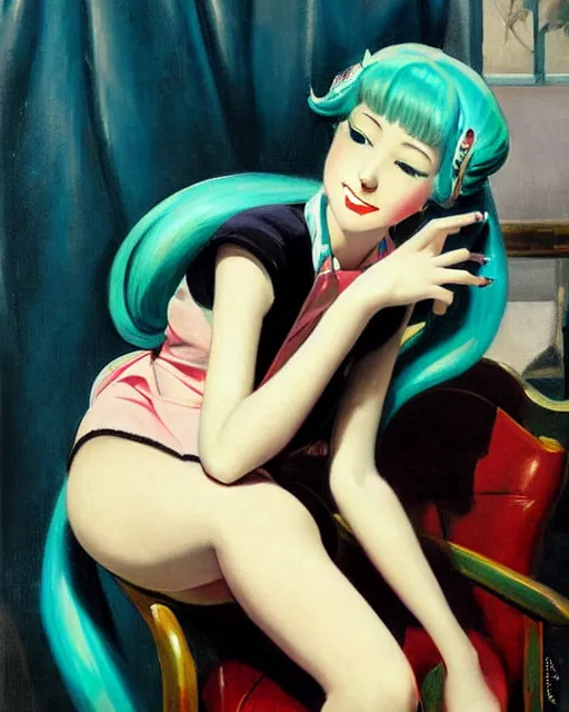 Image similar to A very beautiful painting of hatsune Miku sitting on the chair by Enoch Bolles and Gil Elvgren