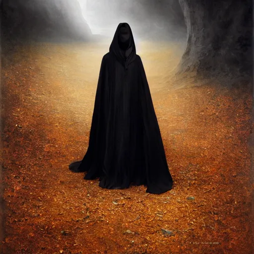 Image similar to a portrait of a young black woman wearing a long dark cloak, hood and shadows covering face, holding golden chains, oil painting, matte painting, black background, Volumetric Golden dappled dynamic lighting, Highly Detailed, Cinematic Lighting, Unreal Engine, 8k, HD, by Beksinski