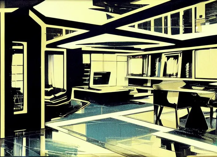 Prompt: a futuristic apartment interior in the style of blade runner, by Syd mead