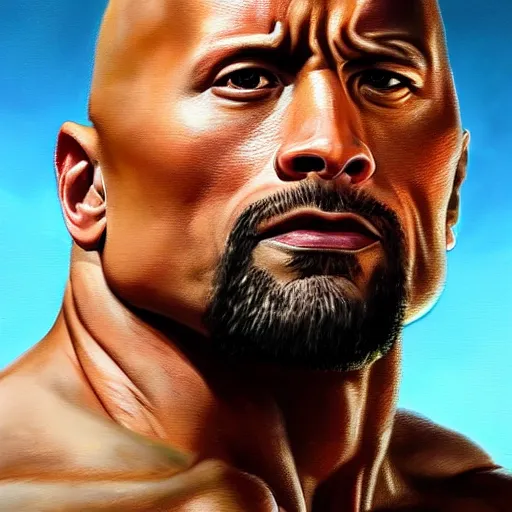 Image similar to ultra realistic portrait painting of dwayne johnson, art by frank frazetta, 4 k, ultra realistic, highly detailed, epic lighting