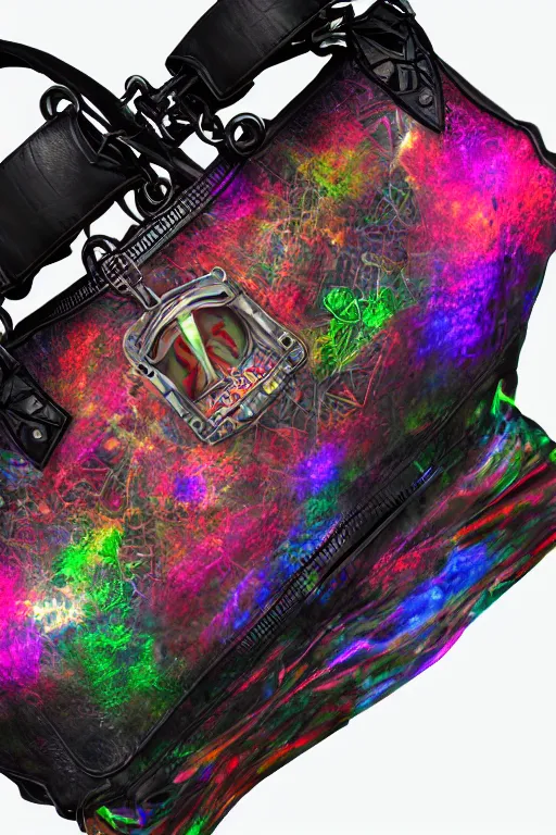 Image similar to photo of a handbag, band merchandise, printed band name is tripmachine, realistic digital art, hanbag is textured with a 3 d render of a huge futuristic steampunk generator, 8 k, fluorescent colors, halluzinogenic, multicolored, exaggerated detailed, unreal engine