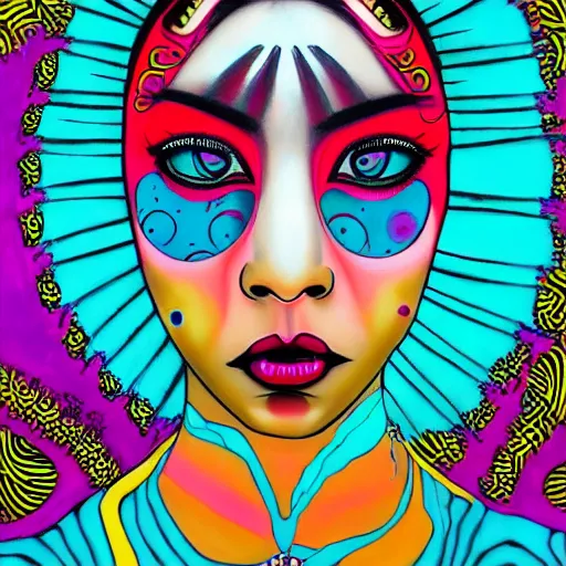 Image similar to Art in the style of Harumi Hironaka, Georgia Anne Muldrow, VWETO II, album art, 1970s, turquoise, side portrait, tribal mask inside mask, animalia, afro-psychedelia, afrocentric mysticism