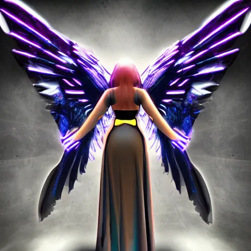 Image similar to a cyberpunk angel with machine wings