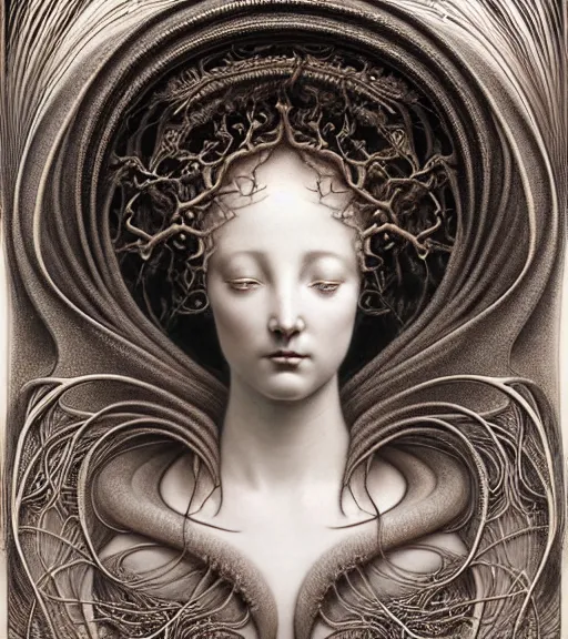 Prompt: detailed realistic beautiful porcelain goddess face portrait by jean delville, gustave dore, iris van herpen and marco mazzoni, art forms of nature by ernst haeckel, art nouveau, symbolist, visionary, gothic, neo - gothic, pre - raphaelite, fractal lace, intricate alien botanicals, biodiversity, surreality, hyperdetailed ultrasharp octane render