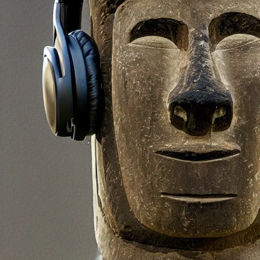 Image similar to a high detail photo of a moai wearing headphones, subject: moai, subject detail: wearing headphones