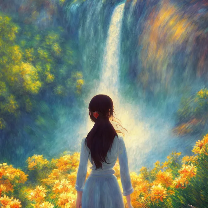 Image similar to an epic makoto shinkai and renoir landscape with a beautiful brown haired woman playing a guitar in front of hawaiian waterfall, golden hour, 🌺, ultra smooth, lois van baarle, ilya kuvshinov, unreal engine, blender, trending on artstation, suntur, caleb worcester, highly detailed, photorealism, bloom effect 8 k