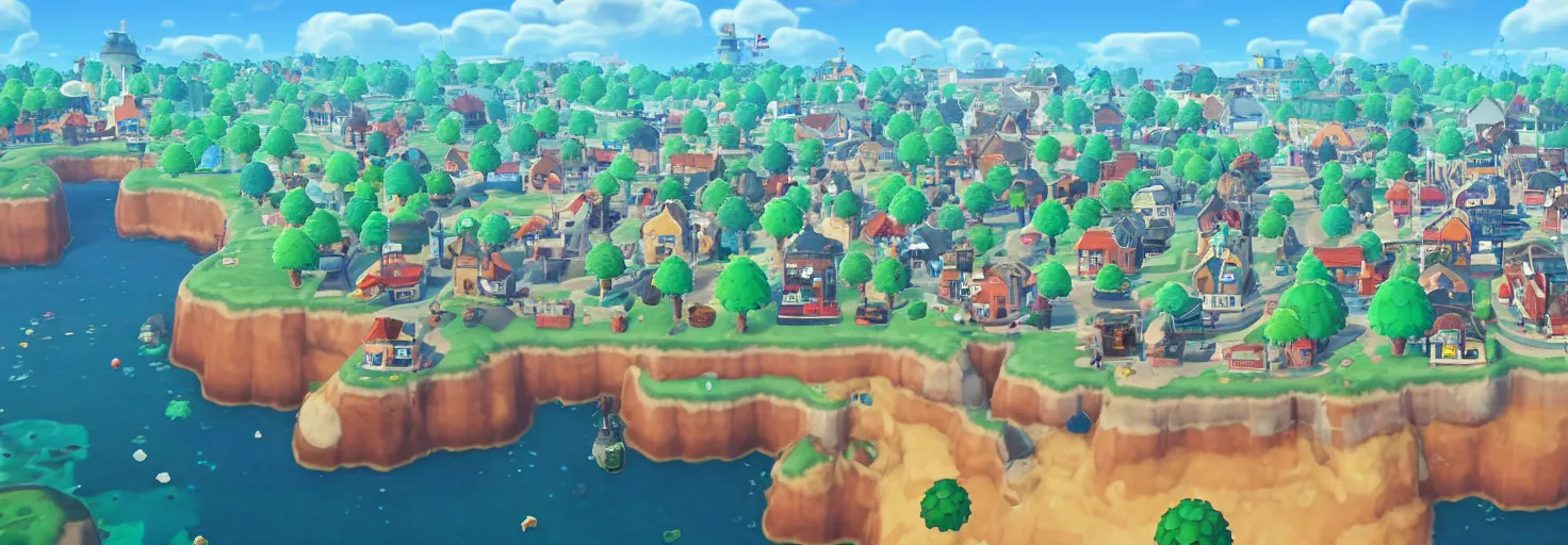 Prompt: a beautiful port town as seen from above in the style of animal crossing new horizons and ori and the blind forest h 6 4 0