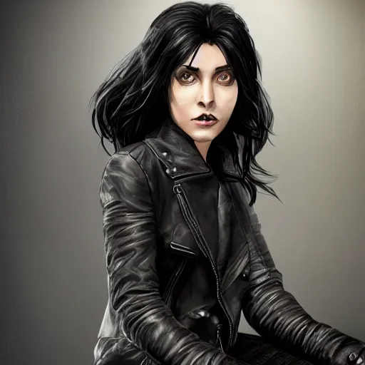 Prompt: a woman with black hair and a leather jacket and a grey shirt, sitting on a chair in a run down hotel room upset, muscular upper body, abs, gritty, d & d, fantasy, intricate, elegant, highly detailed, digital painting, artstation, smooth, sharp focus, illustration, unreal engine 5, face enhance, masterpiece