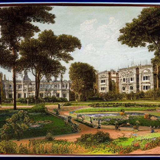 Image similar to landscape photograph of a large victorian palace with gardens. Detailed