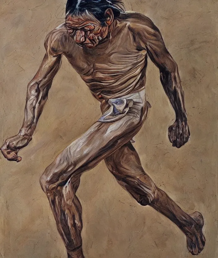 Image similar to indigenous man running, painted by lucian freud, hd, super detailed, realistic, muted colors
