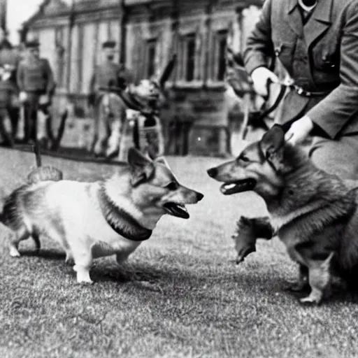 Image similar to historical photo of queen elizabeth and her corgis defeating hitler in hand to hand combat, natural sunlight, sharp focus, highly detailed, depth of field