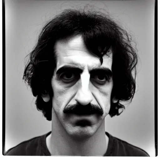 Image similar to Mugshot Portrait of Frank Zappa, taken in the 1970s, photo taken on a 1970s polaroid camera, grainy, real life, hyperrealistic, ultra realistic, realistic, highly detailed, epic, HD quality, 8k resolution, body and headshot, film still, front facing, front view, headshot and bodyshot, detailed face, very detailed face