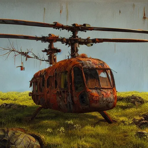 Prompt: hyper realistic painting of an australian landscape an abandoned rusted helicopter covered with moss. by _ simonstalenhag