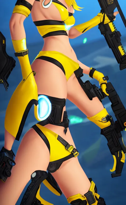 Image similar to tracer game character, in yellow bikini, blonde hair, black eyes, full height