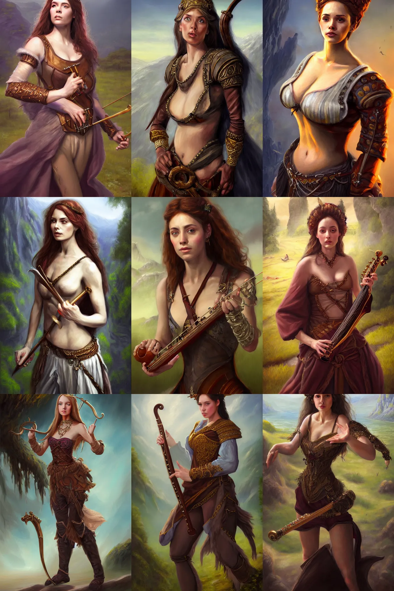 Prompt: a full body high detail fantasy portrait oil painting illustration of a single beautiful sophisticated bard woman by justin sweet with face and body clearly visible, in a scenic background, pretty eyes, realistic proportions, d & d, rpg, forgotten realms, artstation trending, high quality, sombre mood, artstation trending, muted colours, entire person visible!