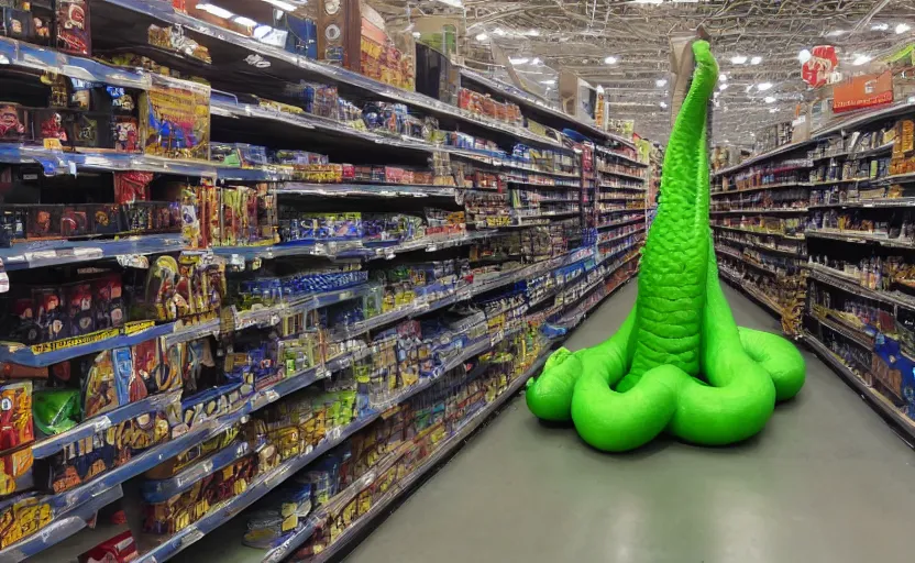 Prompt: a giant tentacle monster in the aisles at Walmart hd documentary