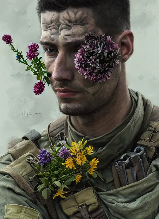 Image similar to handmade character portrait of a serious american soldier man, flowers growing on his face and body, amaratyllis, hydrangea, chrysanthemum, hyacinth, in the style of artgerm and enki bilal and bastien lecouffe - deharme, wlop, line art, watercolor, cinematic lighting, hyperdetailed, hyperrealistic