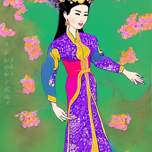 Image similar to silk painting of beautiful vietnamese princess wearing vietnamese ao dai, 2 d game art, character design, in the style of nguyen phan chanh and lam manh