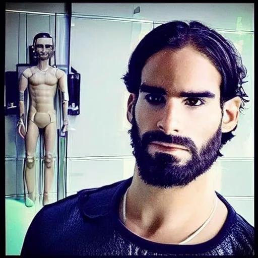 Image similar to “a realistic detailed photo of a guy who is an attractive humanoid who is half robot and half humanoid, who is a male android, Seth Rollins, shiny skin, posing like a statue, blank stare”