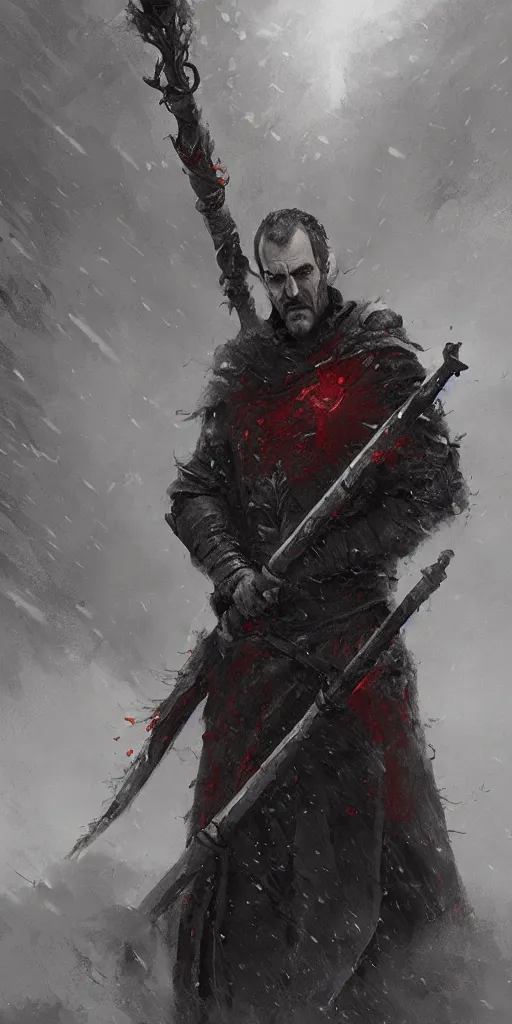 Image similar to stannis baratheon, artstation, jakub rozalski, flaming sword, high detail, dramatic lighting