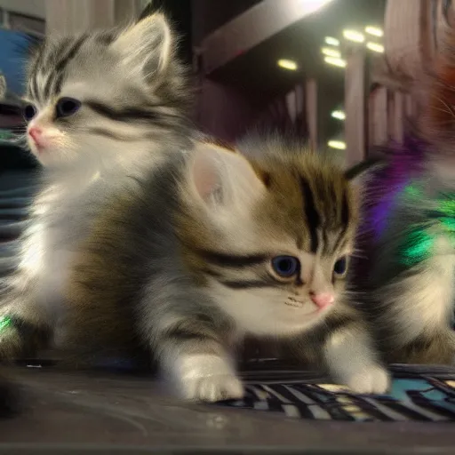 Image similar to iridescent kittens cyperpunk 2 0 7 7, unreal engine 5, 8 k ultra realistic, hyperdetailed, volumetric lighting, extremely high quality