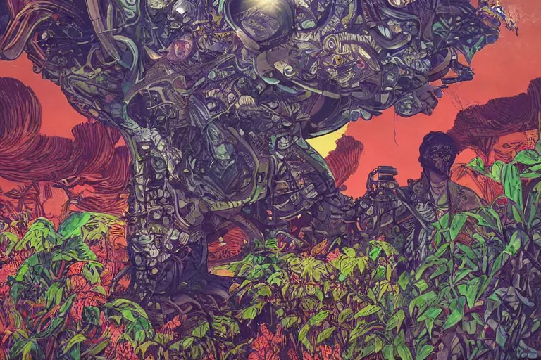 Prompt: gigantic robot head with lot of glass details, a lot of exotic vegetation, trees, flowers, dull colors, in the foggy huge forest, by moebius, junji ito, tristan eaton, victo ngai, artgerm, rhads, ross draws, hyperrealism, intricate detailed, risograph