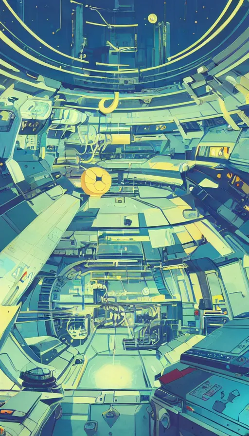 Prompt: spaceship factory inside a space station, sharp focus, james gilleard, moebius, print, risograph, cinematic, game art