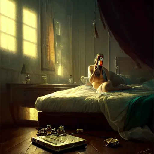 Prompt: Detailed still life. Iridescent details iridescent accents. Till Lindemann, lying in bed like a young girl talking to her girlfriend on the phone, A telephone receiver in hand, fantasy art by Greg Rutkowski