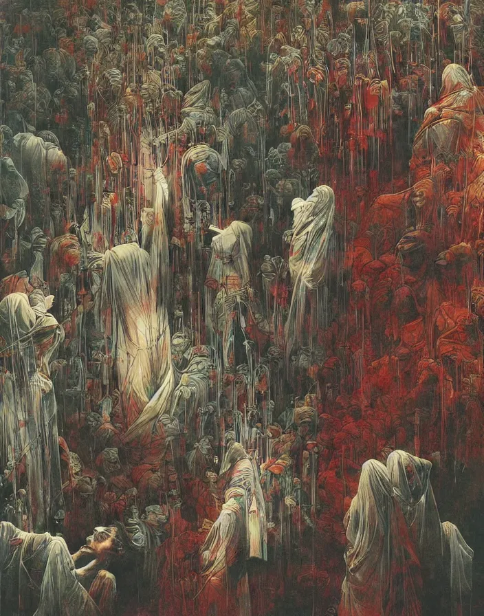 Prompt: worshippers in robes gather around the big glowing crystal, big glowing crystal radiating white light, interior, high detailed beksinski painting, part by adrian ghenie and gerhard richter. art by takato yamamoto. masterpiece, deep colours