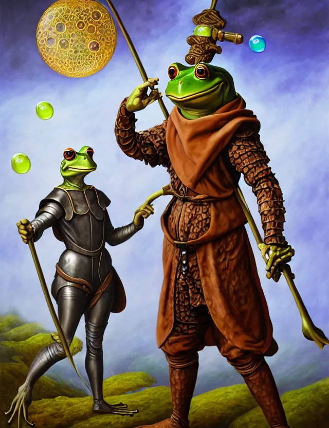 Image similar to anthropomorphic bipedal frog that is dressed as a renaissance fighter, and holding a giant flail, as a matte oil painting and d & d character art, by alex grey, standing, fullbody, floating bubbles, mystic, fog, fractals, spirals, concept art, award - winning, extremely detailed, sharp focus