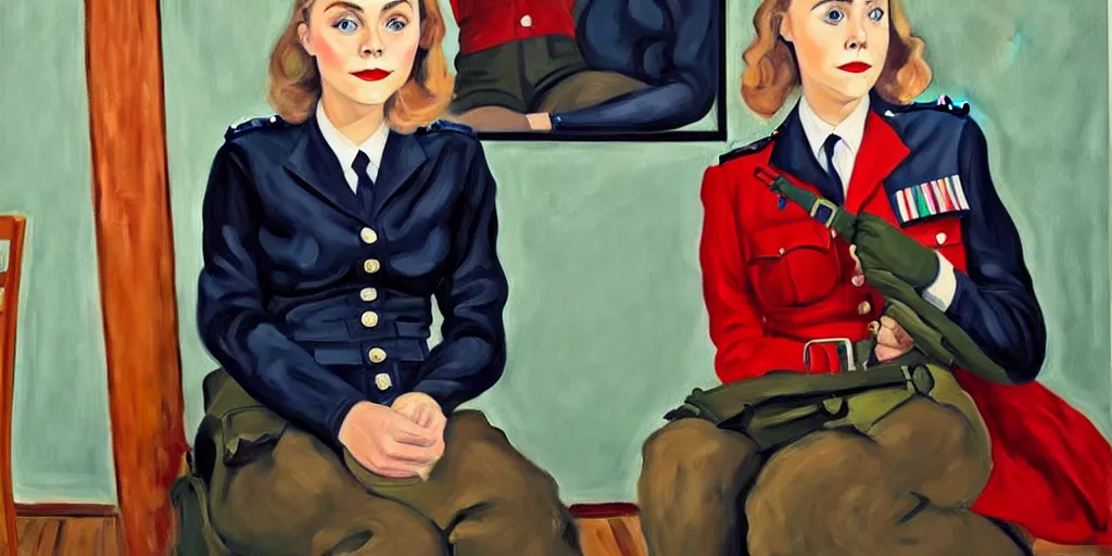 Prompt: oil painting of annasophia robb in a WWII uniform putting on stockings, teaching you a lesson in a void room full of etwined arms, existential horror painted by Alice Neel,