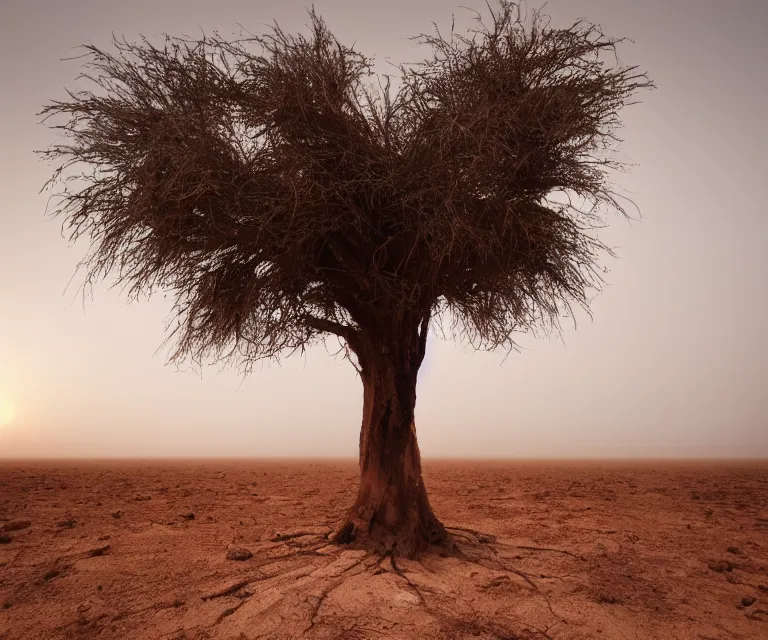 Prompt: an isolated ancient tree in the middle of a barren dessert, bleak, sandy, foggy, sunrise, dreary