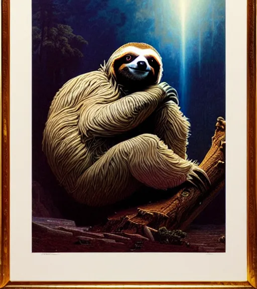 Prompt: a sloth regretting its life choices by albert bierstadt and dan mumford and mœbius, hyperrealism, highly detailed, intricate details